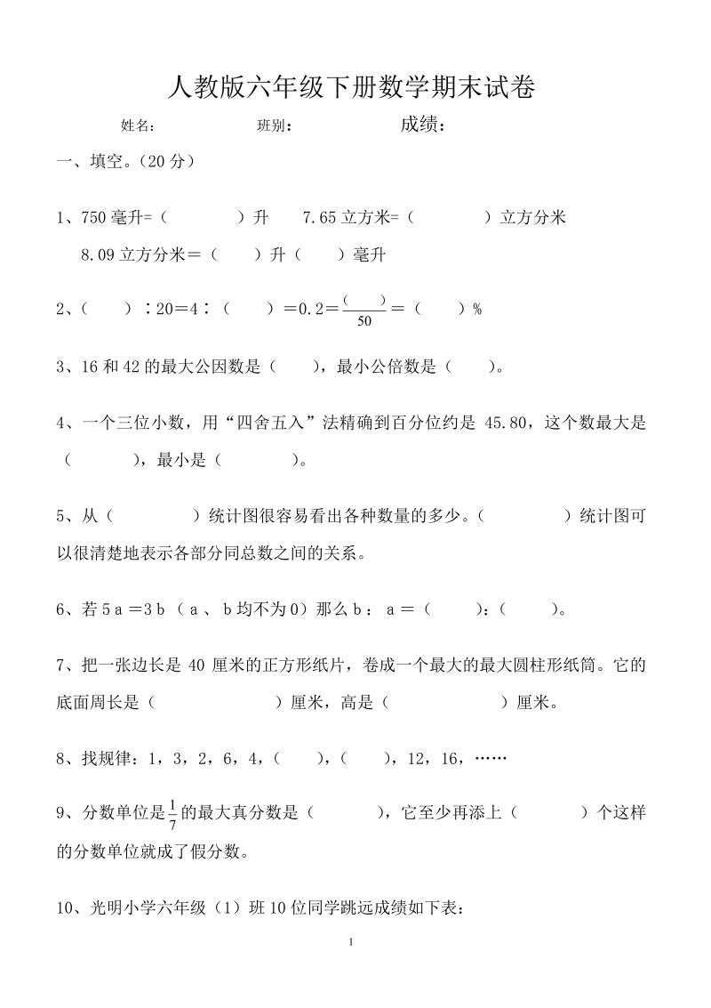 人教版六年级数学下册期末试卷毕业试题.pdf_第1页