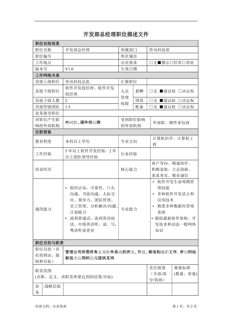 资讯科技部软件开发经理岗位说明书.doc_第1页