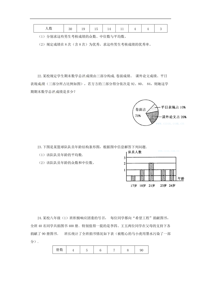 甘肃省武威市民勤县2018年八年级数学下册第20章数据的分析单元练习（无答案）（新版）新人教版.doc_第3页