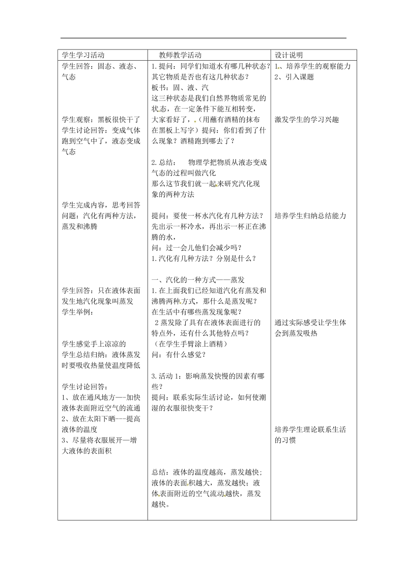 广东省惠东县白花镇第一中学2018年八年级物理上册《4.2 探究汽化和液化的特点》教学设计 粤教沪版.doc_第2页