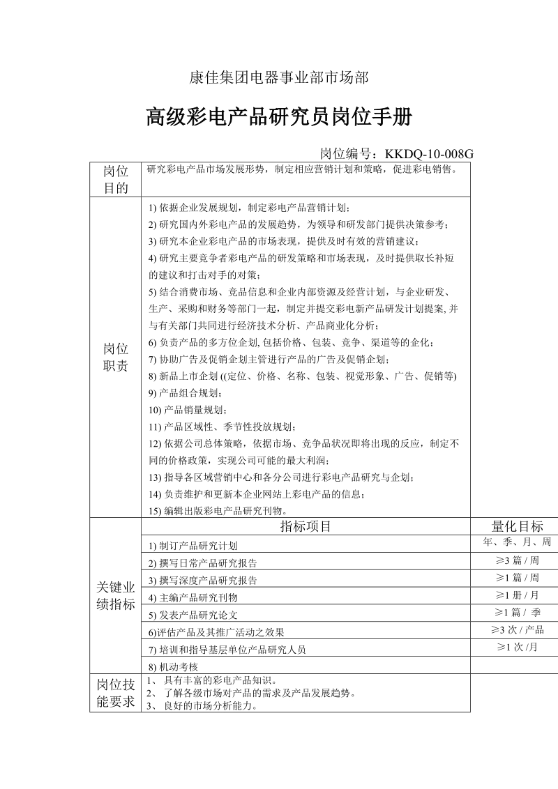 电器事业部市场部高级彩电产品研究员岗位手册一.doc_第1页