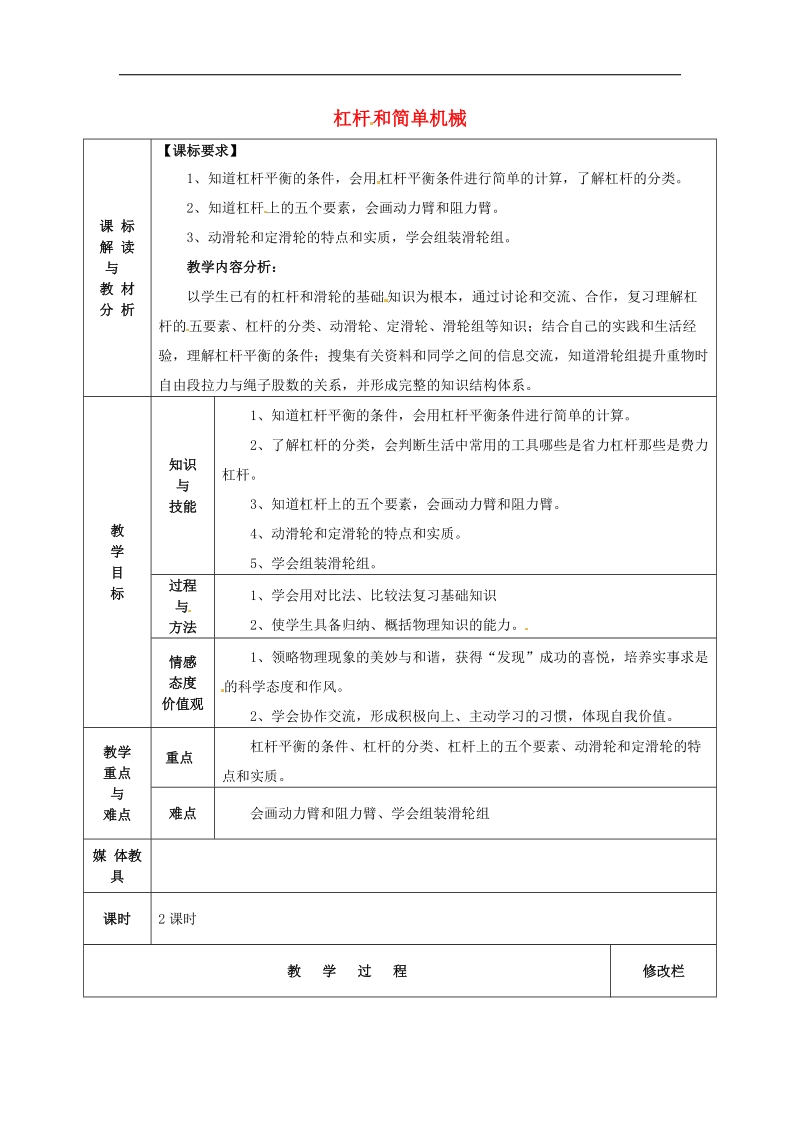 甘肃省武威第十一中学中考物理考点复习10 杠杆和简单机械教案.doc_第1页