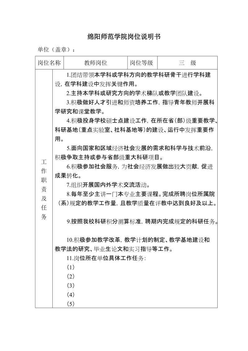 绵阳师范学院岗位说明书.doc_第1页