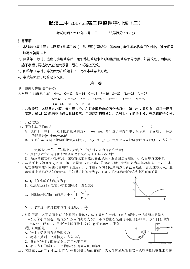 2017年湖北省武汉二中高三模拟训练（三）理科综合物理试题.doc_第1页