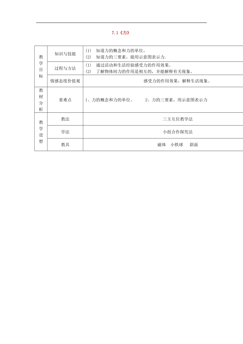 甘肃省庆阳市宁县第五中学2018年八年级物理下册 7.1《力》教学案1 新人教版.doc_第1页