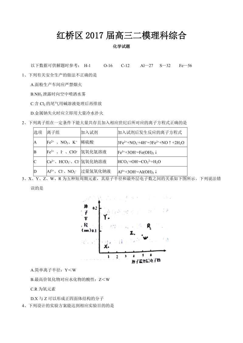 2017年天津市红桥区高三二模理综化学试题 （word）.doc_第1页