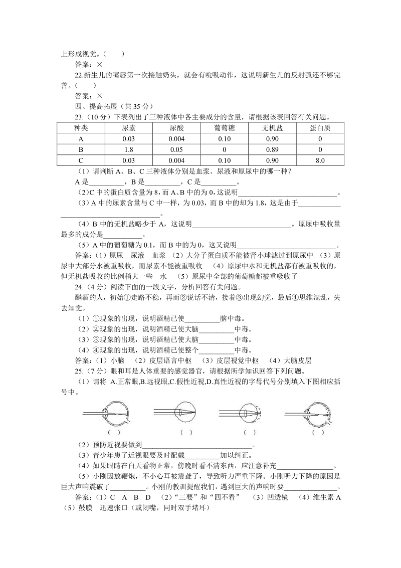 下学期七年级单元同步测试生物：人体内废物的排出和神经调节B卷（附答案）.pdf_第3页