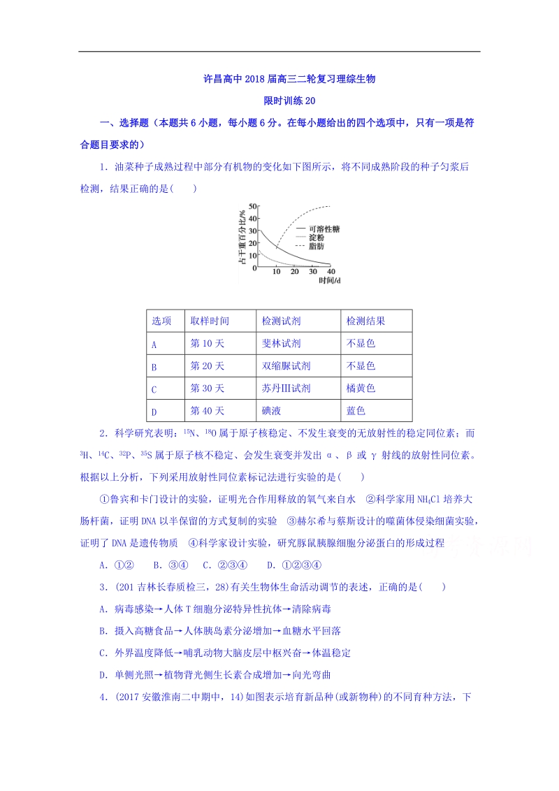 河南省许昌高级中学2018届高三限时训练二十理综生物试题 word版含答案.doc_第1页