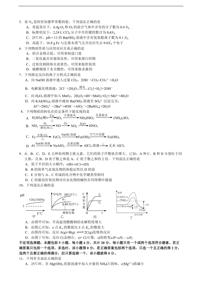 2015年江苏省南通市高三下学期第三次调研测试 化学.doc_第2页