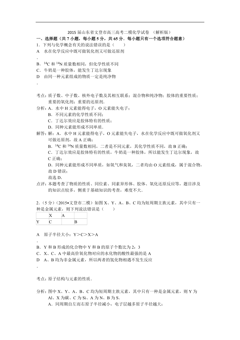 2015年山东省文登市高三高考二模化学试卷 （解析版）.doc_第1页