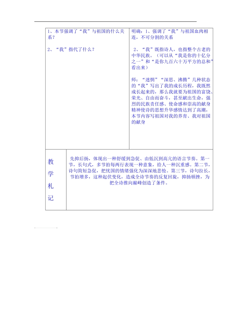 山东省临沂市蒙阴县第四中学人教版2018年九年级语文下册教案 3《祖国啊，我亲爱的祖国》.doc_第3页