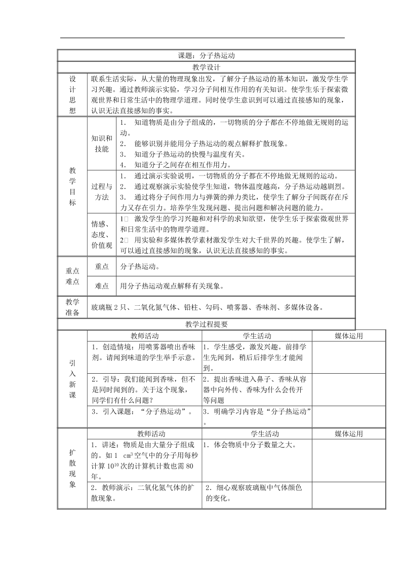 河南省开封县西姜寨乡第一初级中学人教版2018年九年级物理教案：13.1 分子热运动.doc_第1页