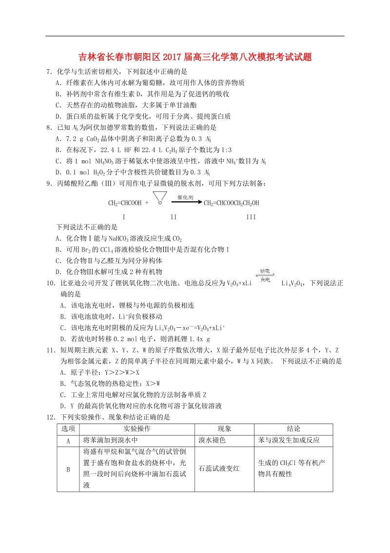 2017年吉林省长春市朝阳区高三第八次模拟考试试题化学.doc_第1页