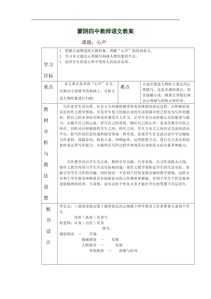 山东省临沂市蒙阴县第四中学2018年九年级语文上册《12心声1》教学设计.doc_第1页