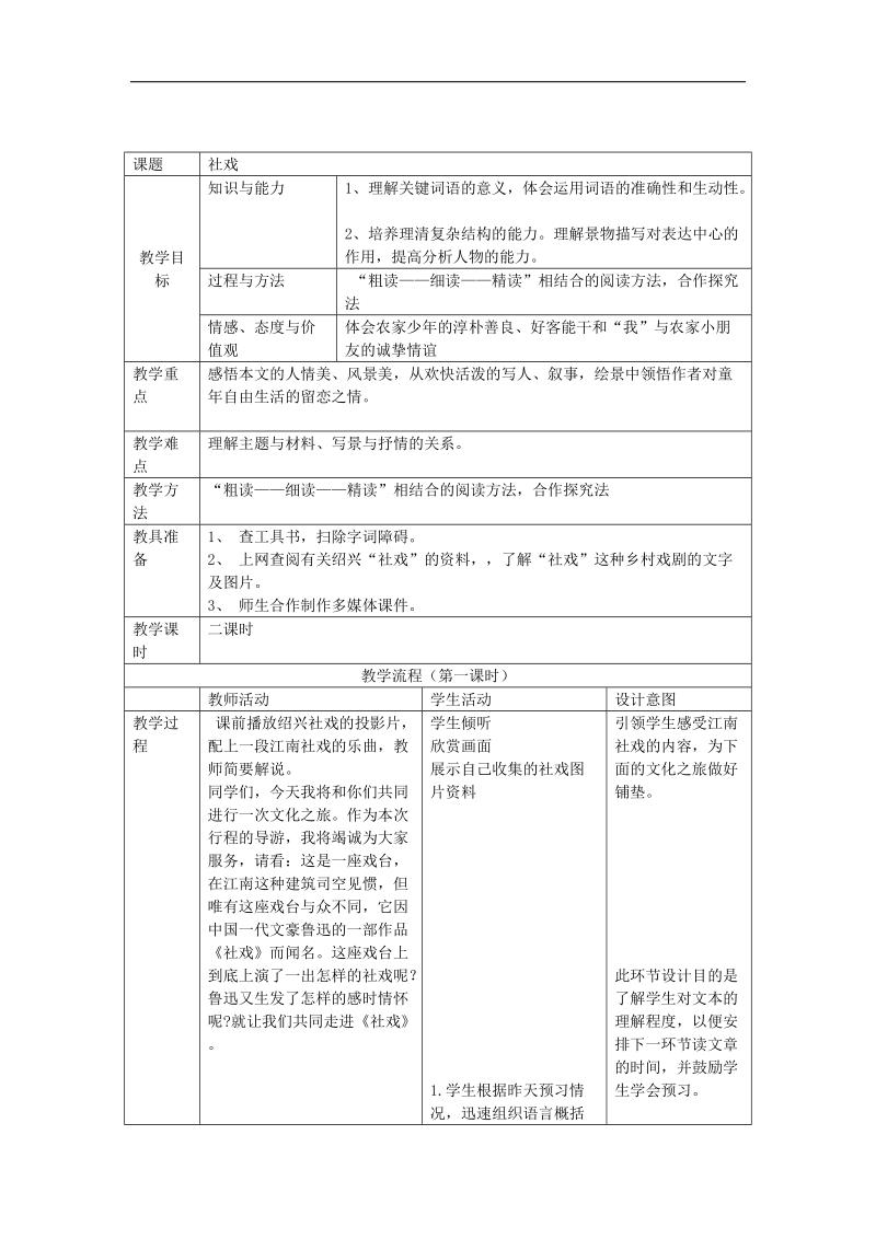 河南原阳县城关中学2017年九年级语文组 《社戏》教学设计.doc_第1页