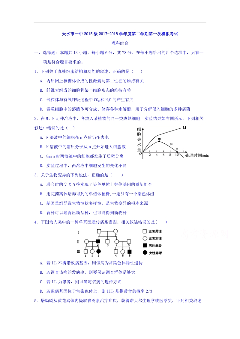 甘肃省天水市第一中学2018届高三下学期第一次模拟考试理科综合试题 word版含答案.doc_第1页