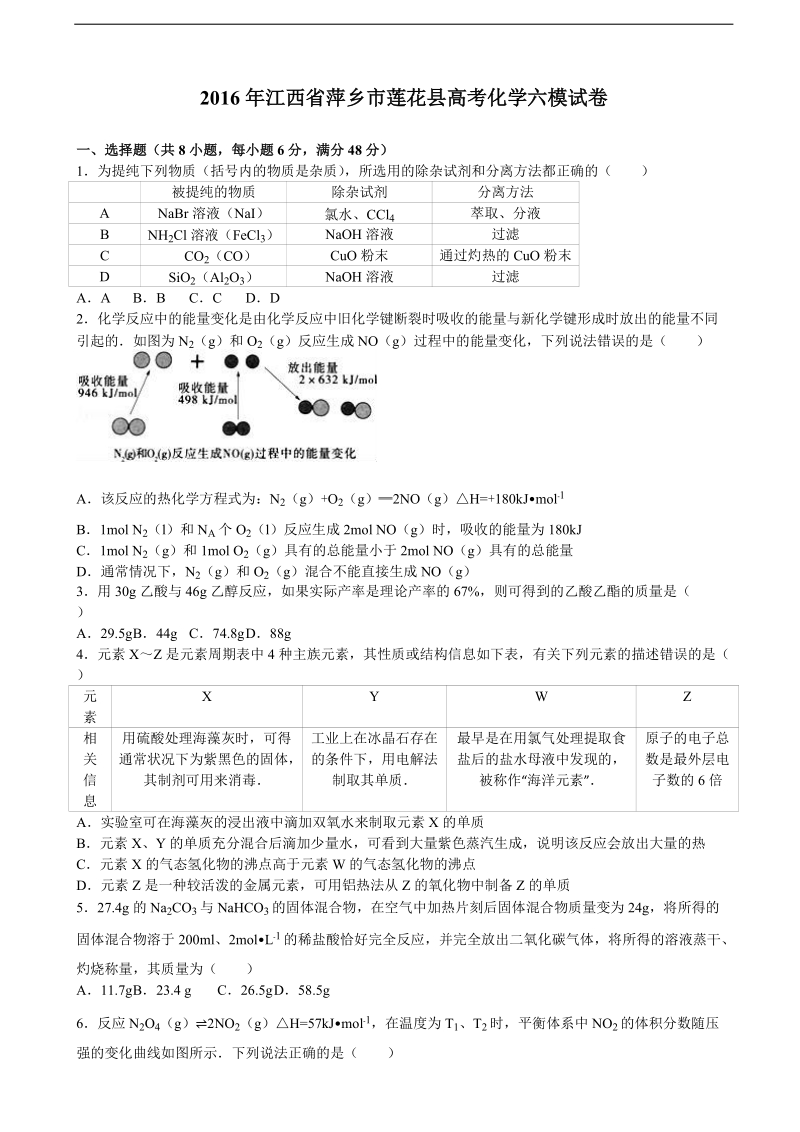 2016年江西省萍乡市莲花县高三化学六模试卷 含解析.doc_第1页