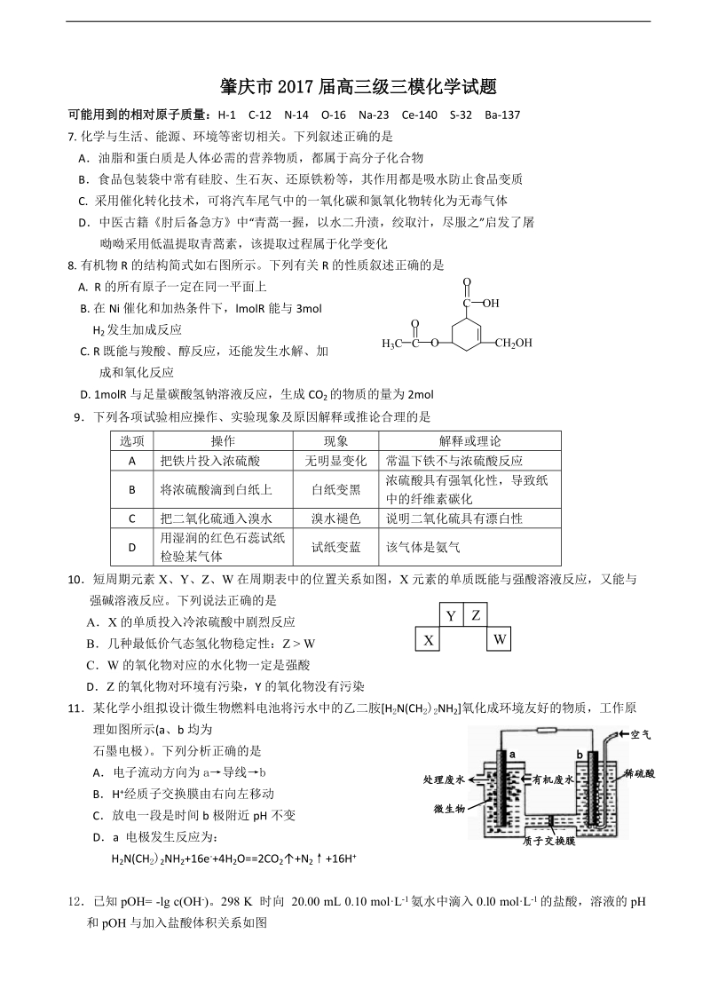 2017年广东省肇庆市高中毕业班第三次统测模拟理综化学试题.doc_第1页