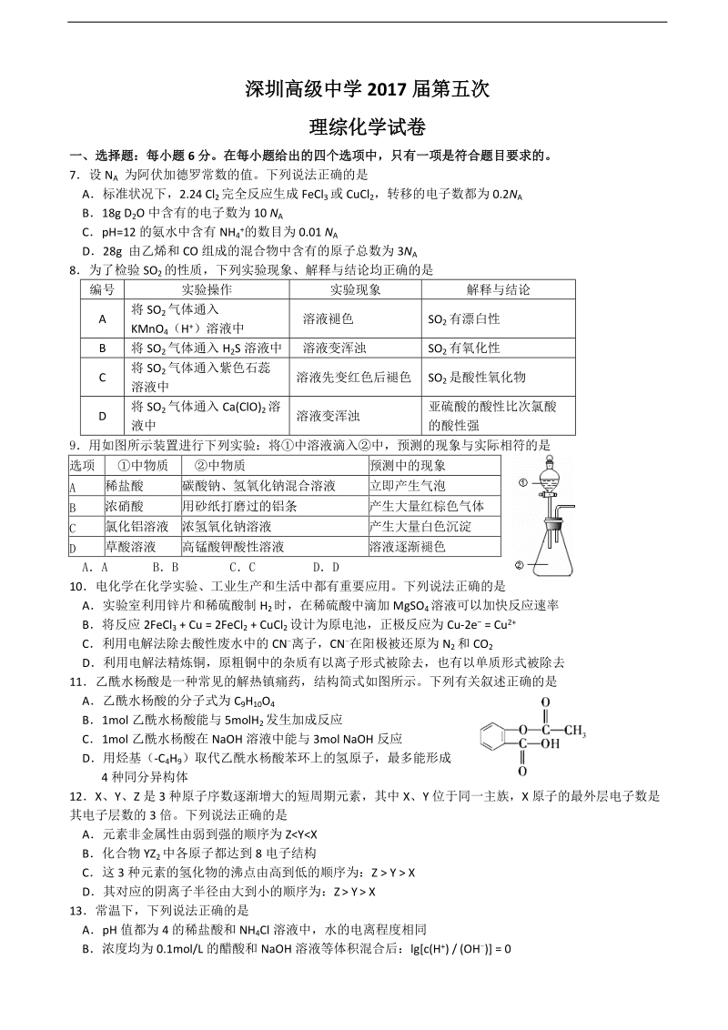 2017年广东省深圳高级中学高三上学期第五次模拟考试 理综化学.doc_第1页