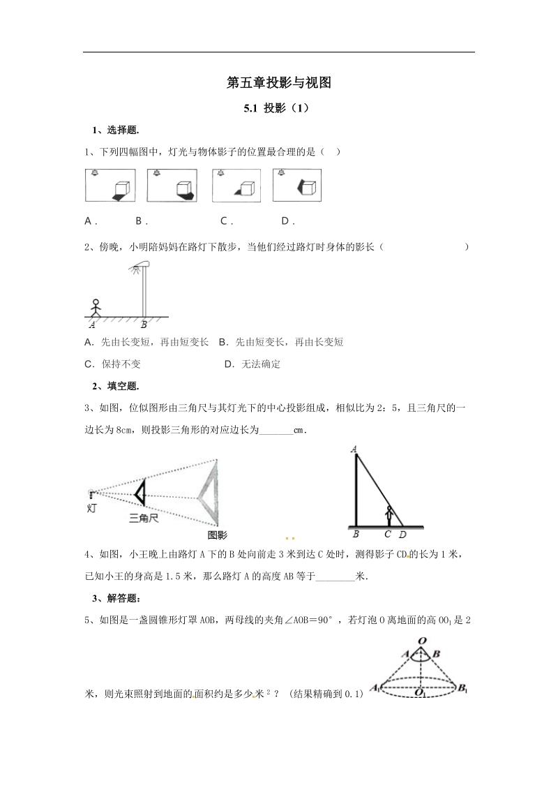 福建省漳州市北师大版2018年九年级数学上册课时作业：5.1 投影.doc_第1页