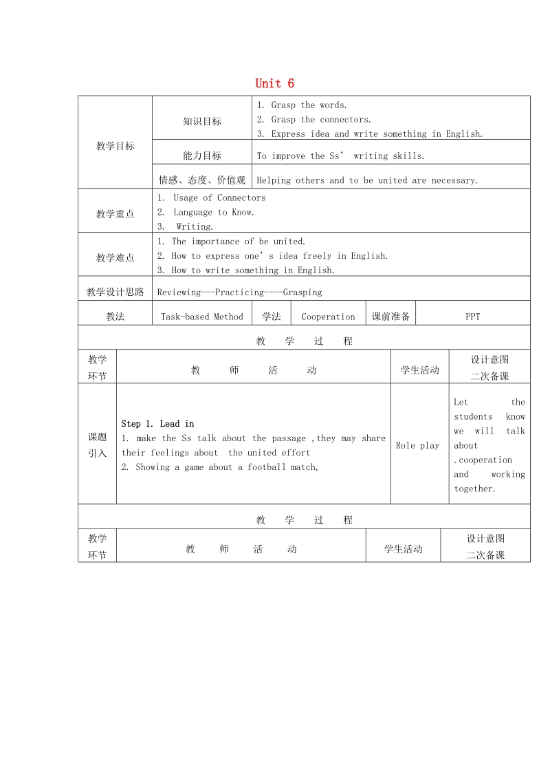 黑龙江省哈尔滨市第四十七中学2018年九年级英语上册 unit 6 a united effort writing教案 教科版五四制.doc_第1页