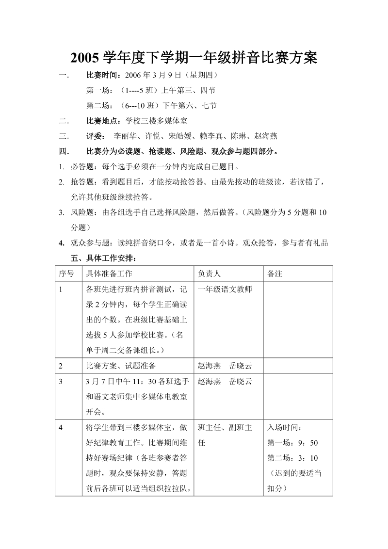 2003学年度下学期一年级拼音比赛方案.doc_第1页