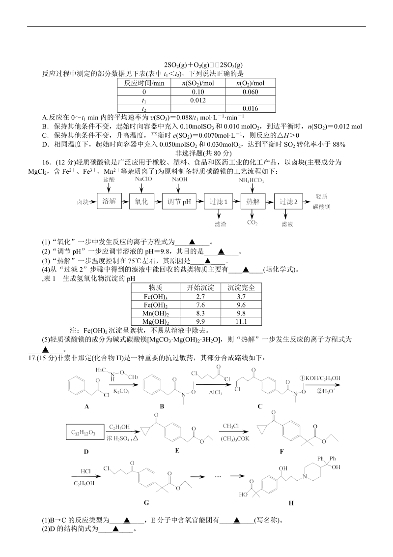 2017年江苏淮海中学高三下4月份模拟试卷化学.doc_第3页