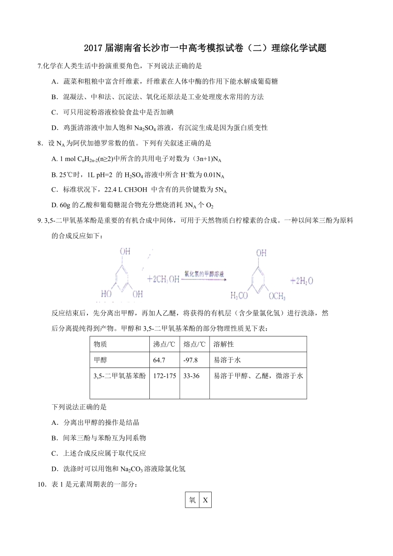 2017年湖南省长沙市一中高考模拟试卷（二）理综化学试题.doc_第1页