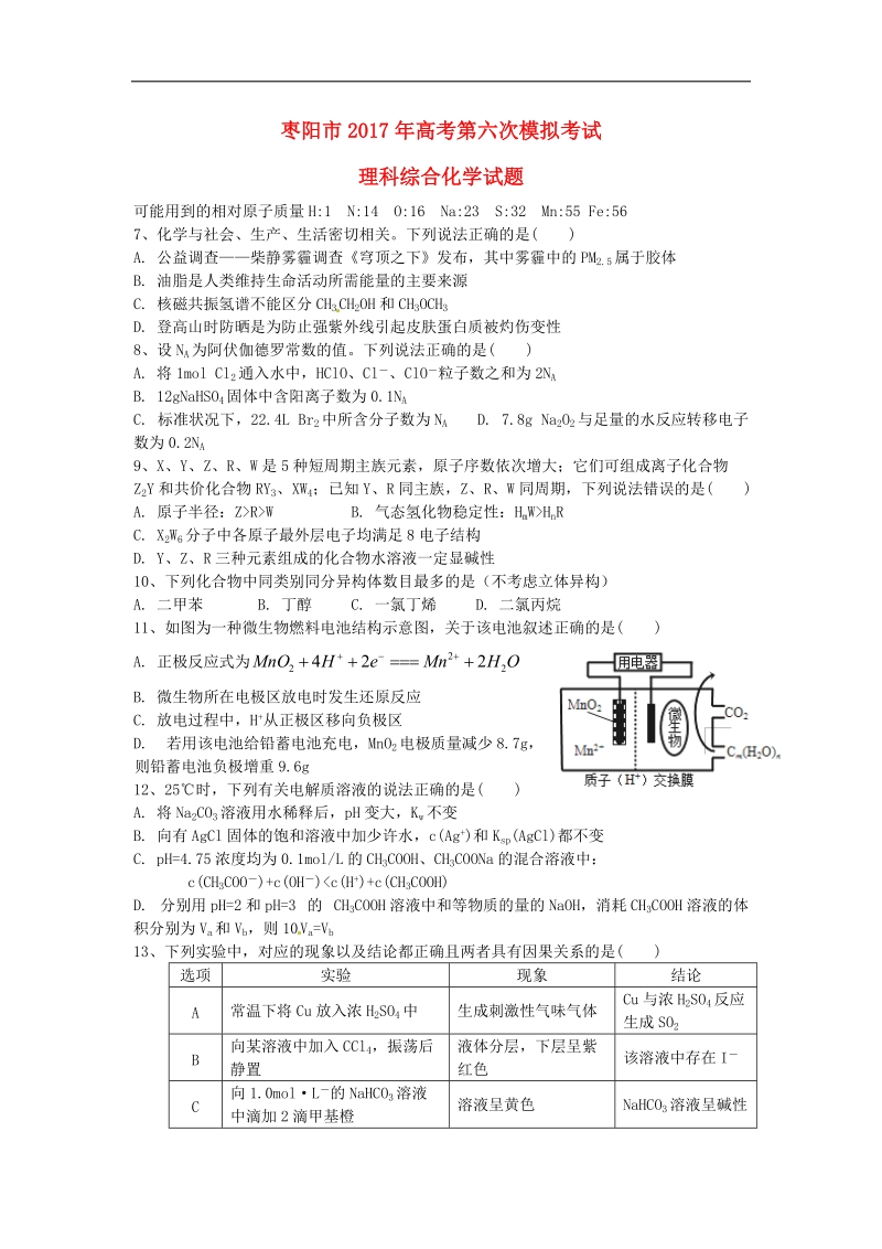 2017年湖北省枣阳市高三第六次模拟考试试题化学.doc_第1页