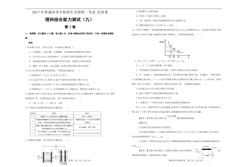 2017年江西省普通高等学校招生全国统一考试仿真模拟卷理综化学测试（九）.doc_第1页