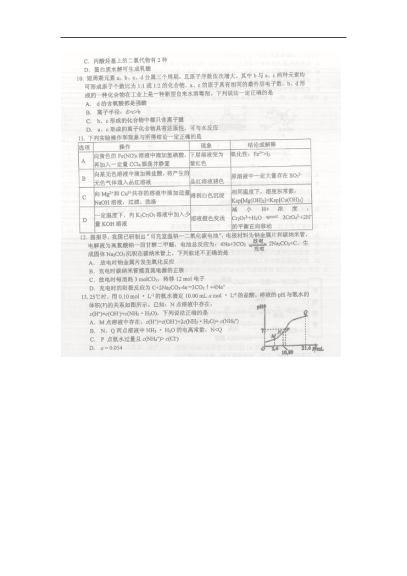 2017年重庆市第一中学高三下学期模拟考试理科综合 化学试题（图片版）.doc_第2页