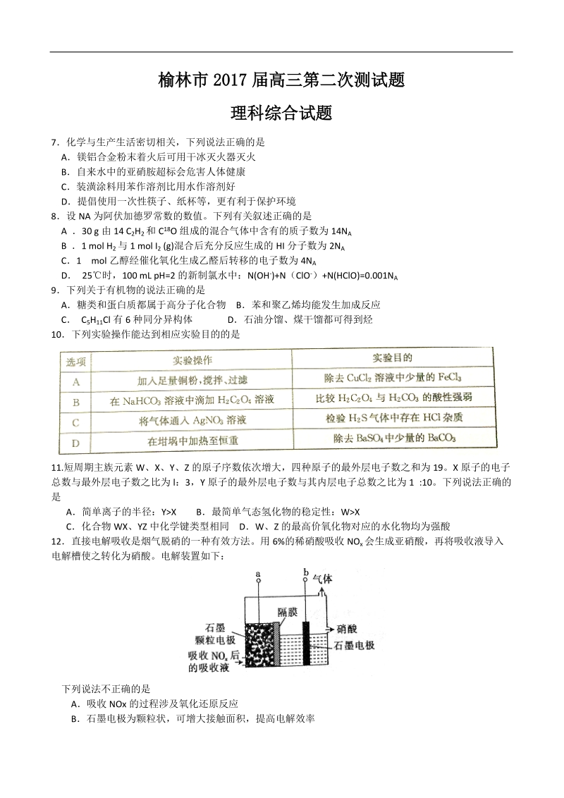 2017年陕西省榆林市高三第二次模拟考试理综化学试题.doc_第1页