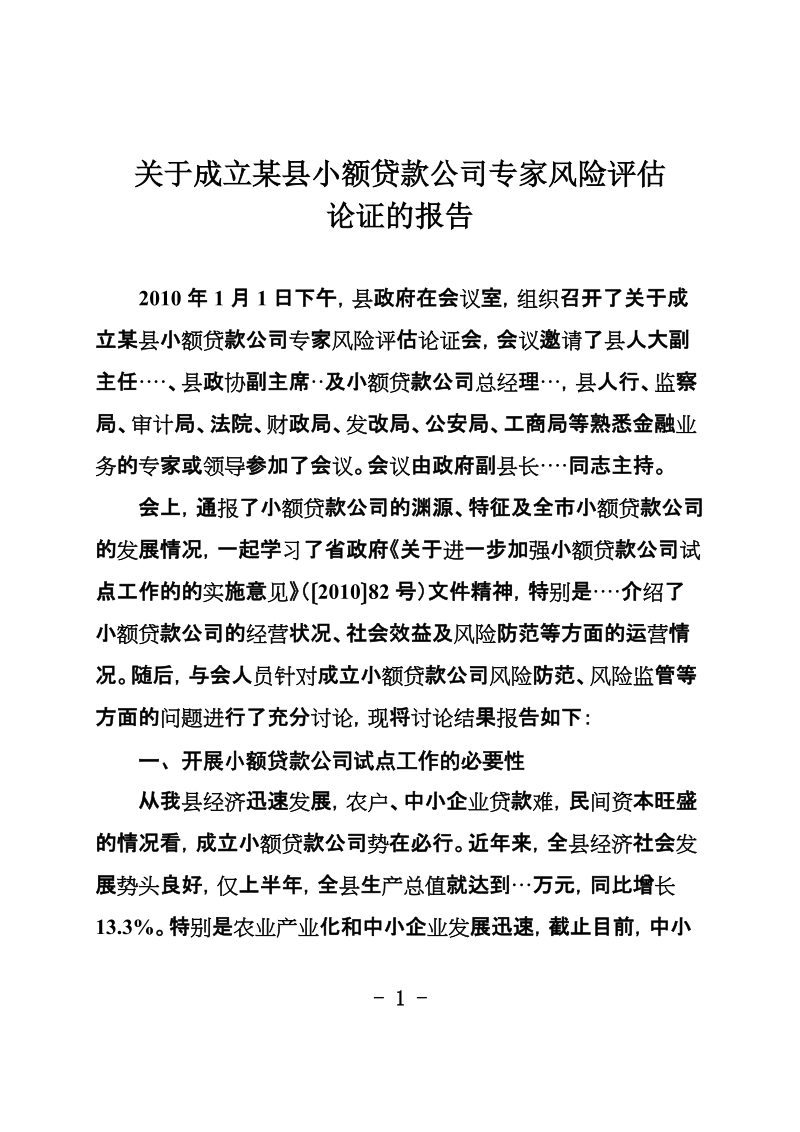 关于成立某某县小额贷款公司专家风险评估论证的报告.doc_第1页