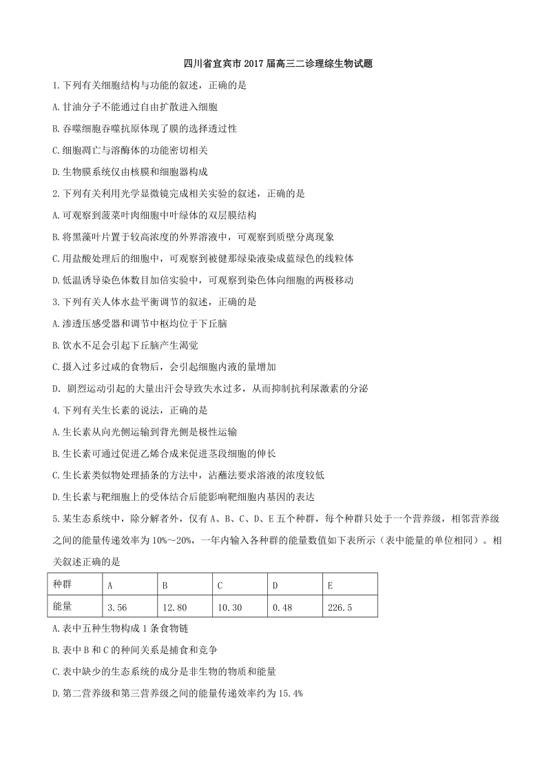 2017年四川省宜宾市高三下学期第二次诊断模拟理综生物试题.doc_第1页