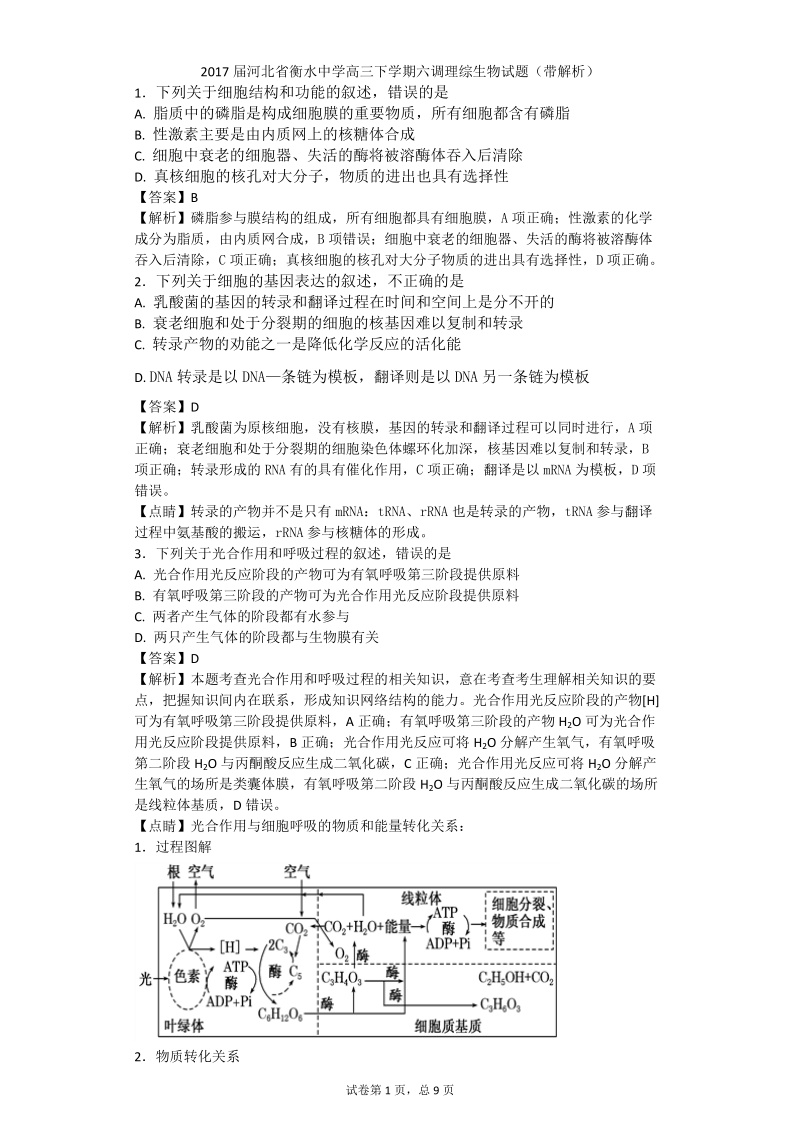 2017年河北省衡水中学高三下学期六调理综生物试题（带解析）.doc_第1页