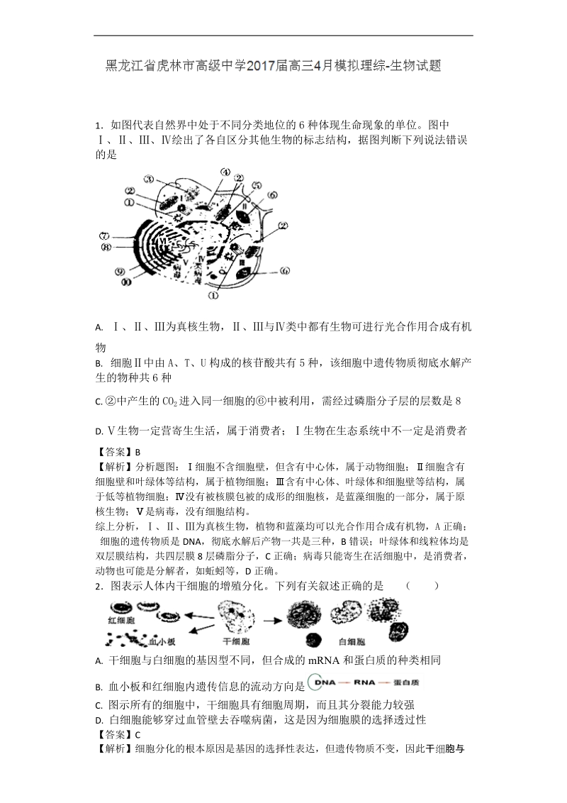 2017年黑龙江省虎林市高级中学高三4月模拟理综生物试题（带解析）.doc_第1页