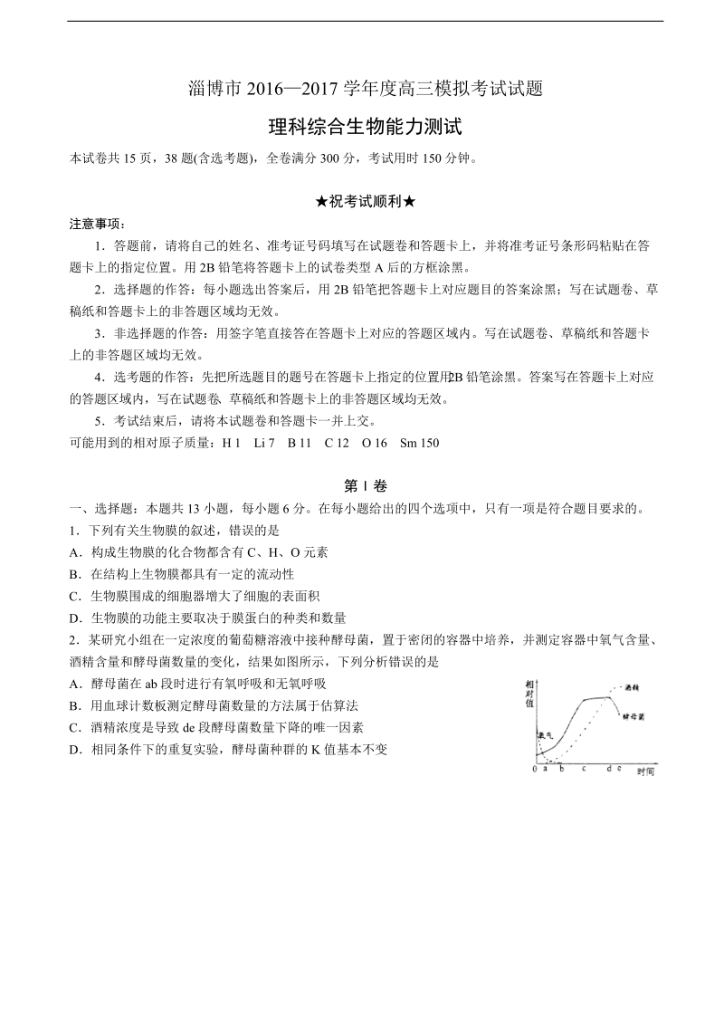 2017年山东省淄博市高三第一次模拟考试理综生物试题.doc_第1页