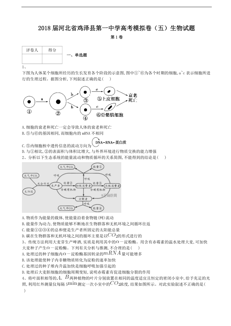 2018年河北省鸡泽县第一中学高考模拟卷（五）生物试题.doc_第1页