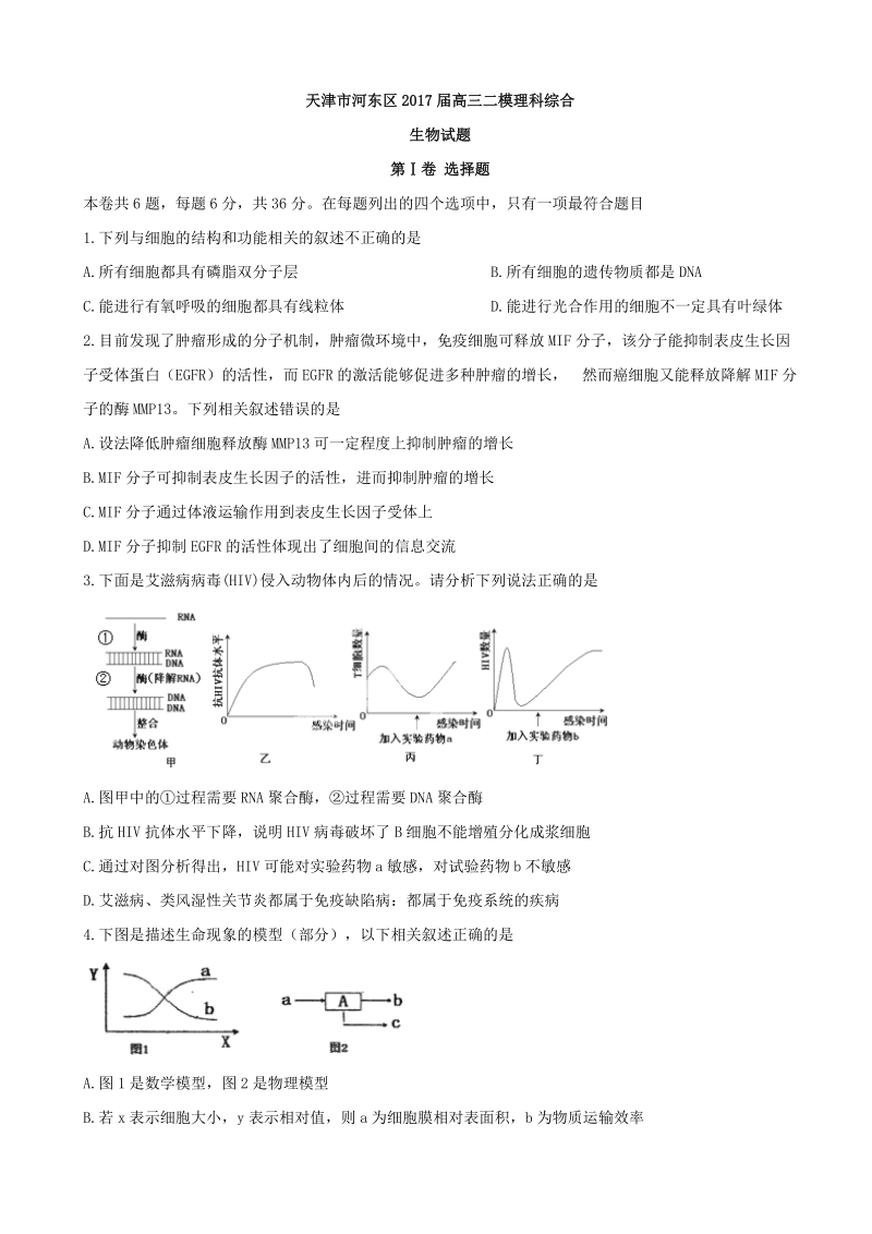 2017年天津市河东区高三二模理科综合生物试题.doc_第1页