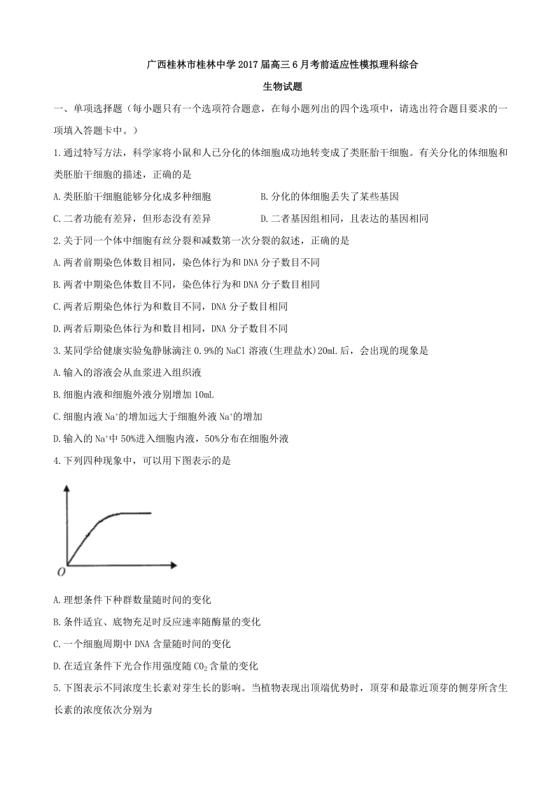 2017年广西桂林市桂林中学高三6月考前适应性模拟理科综合生物试题.doc_第1页