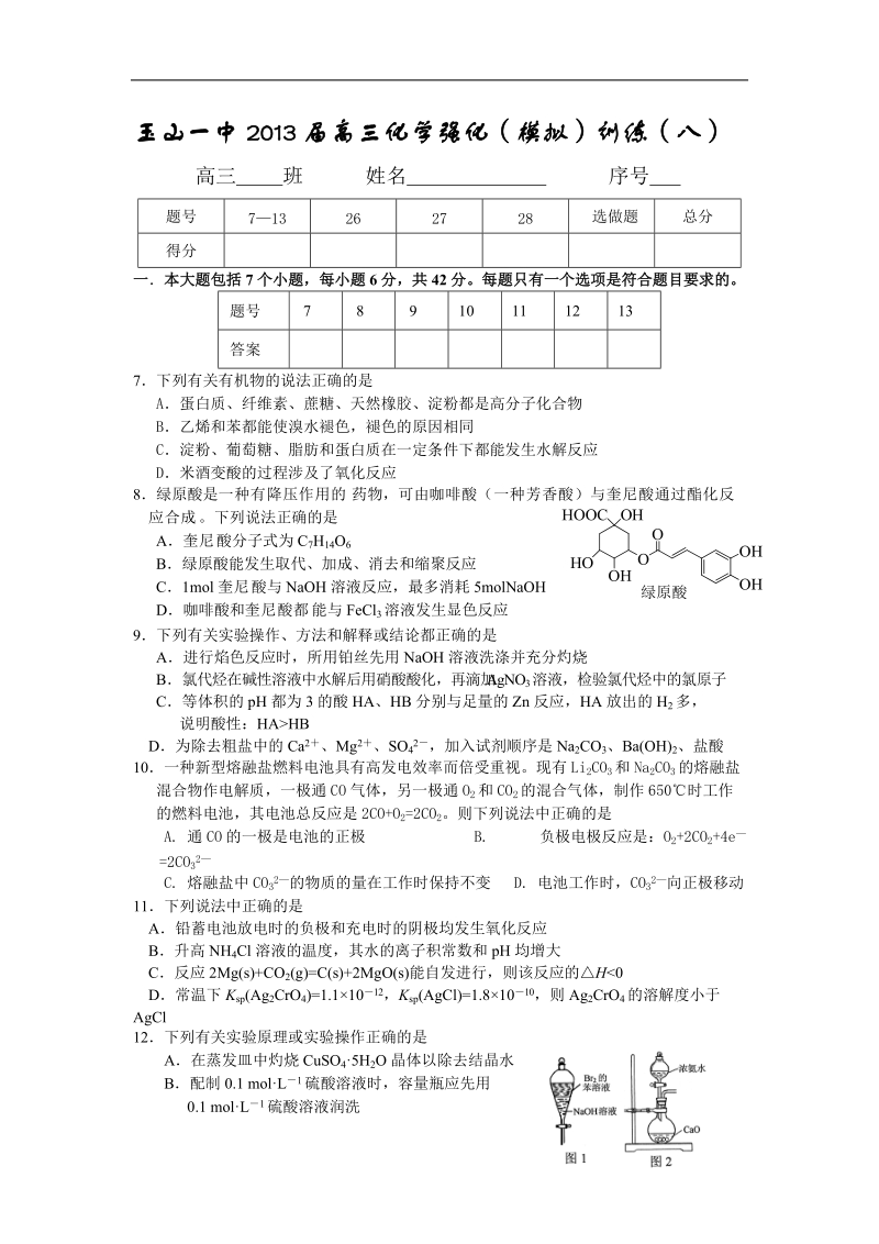 江西省玉山一中2013年高三化学强化（模拟）训练8.doc_第1页