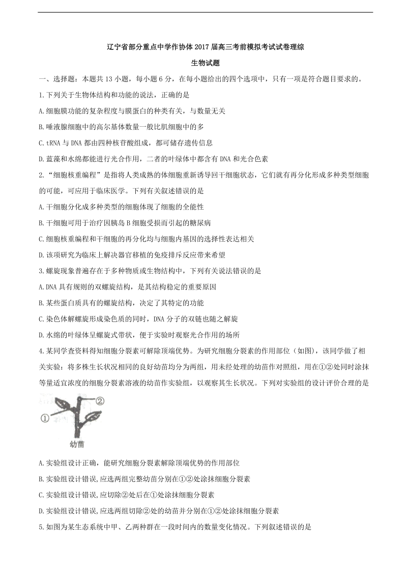 2017年辽宁省部分重点中学作协体高三考前模拟考试理综生物试题.doc_第1页