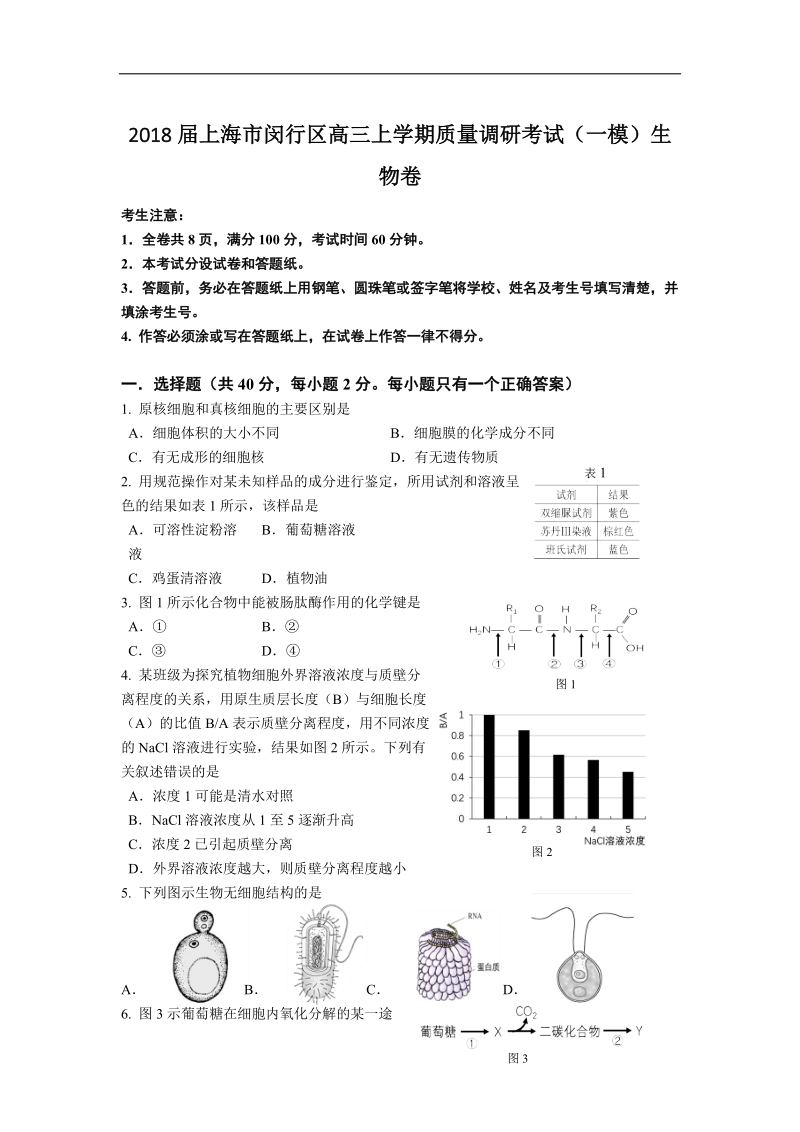 2018年上海市闵行区高三上学期质量调研考试（一模）生物卷.doc_第1页