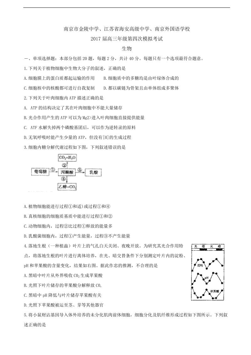 2017年江苏省南京市金陵中学、江苏省海安高级中学、南京外国语学校高三第四次模拟考试生物试题.doc_第1页