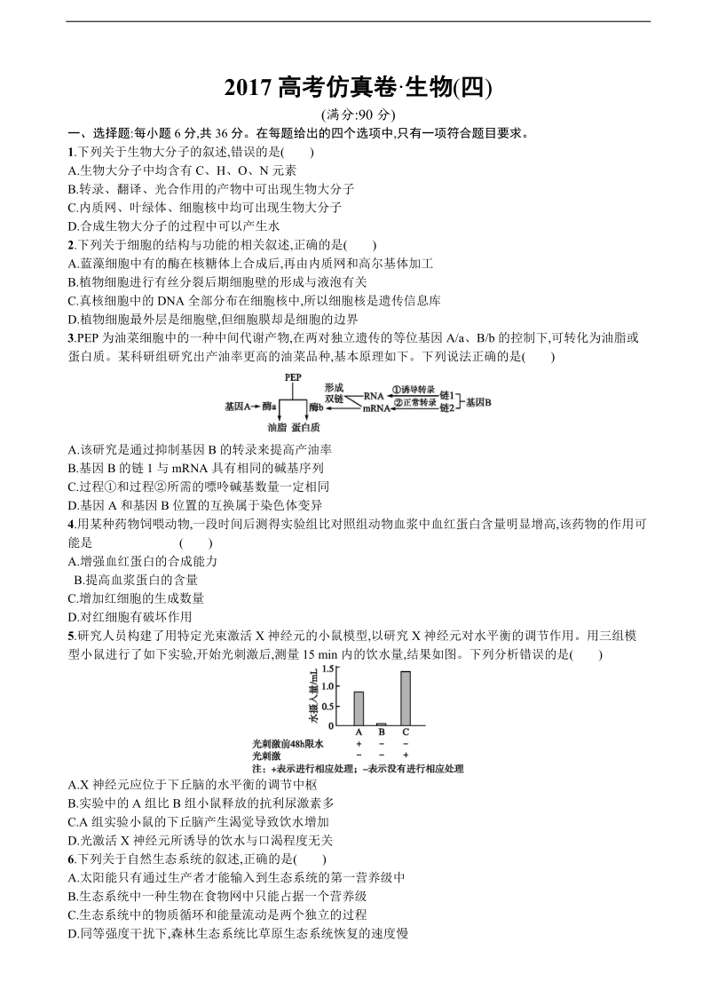 2017年河北省普通高中高考模拟仿真卷理综生物(四)（解析版）.doc_第1页