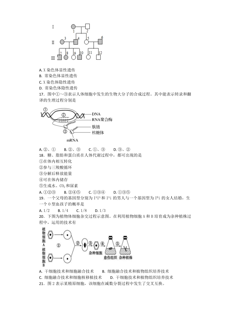 2017年上海市闵行区高三4月质量调研考试生物试题（带解析）.doc_第3页