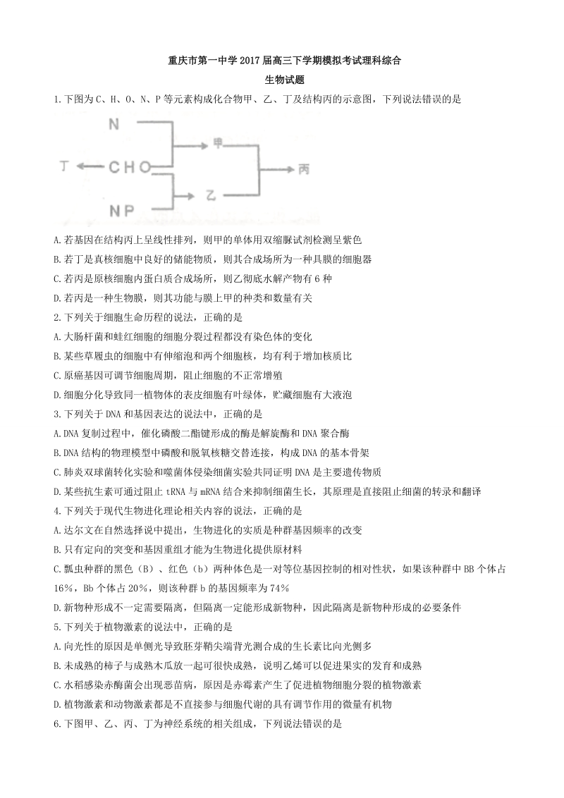 2017年重庆市第一中学高三下学期模拟考试理科综合生物试题.doc_第1页