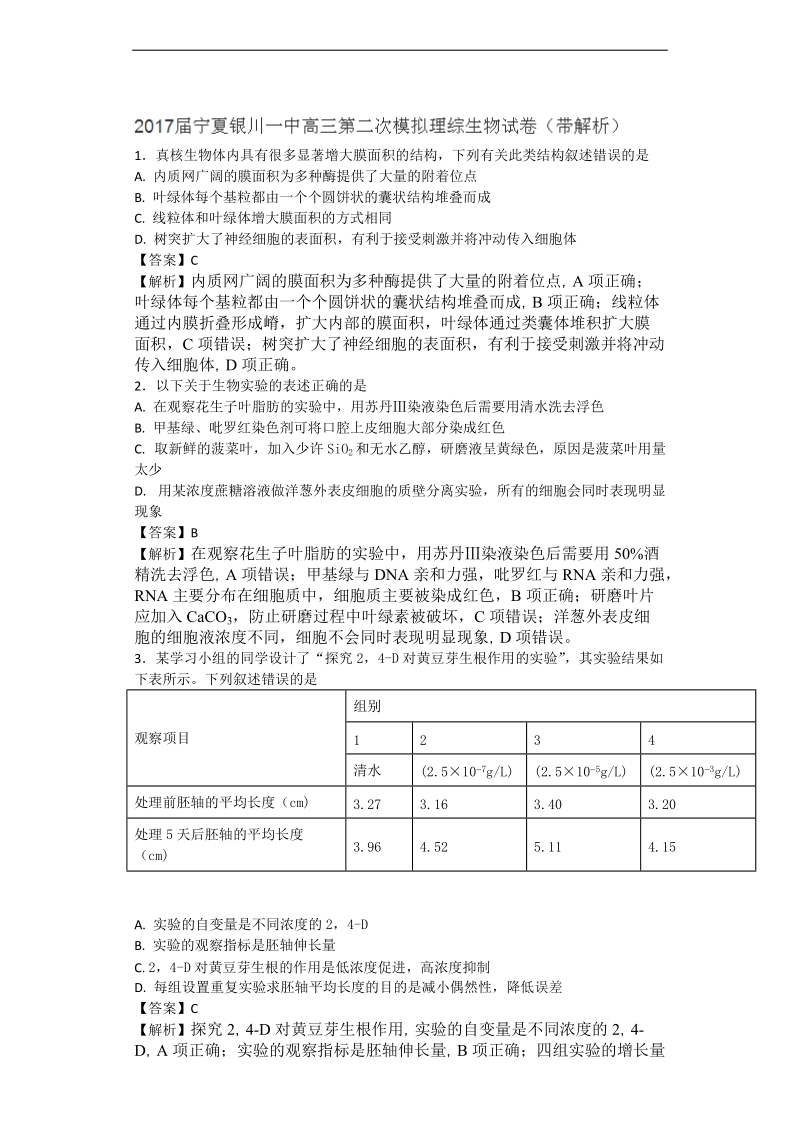 2017年宁夏银川一中高三第二次模拟理综生物试题（带解析）.doc_第1页