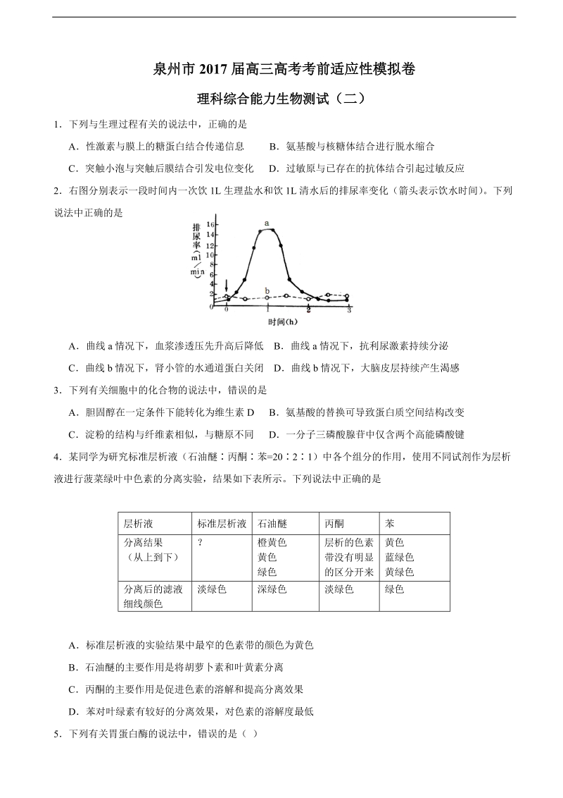 2017年福建省泉州市高三高考考前适应性模拟卷（二） 理综生物.doc_第1页