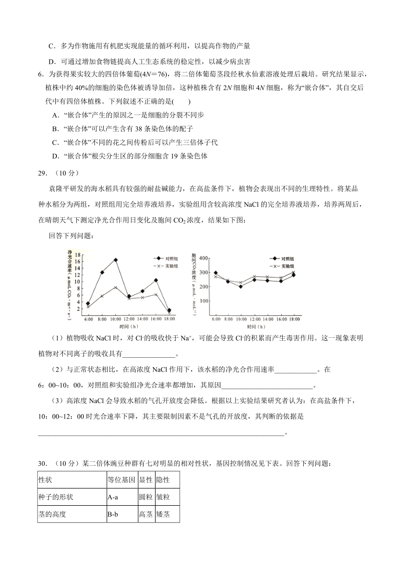 2017年湖南省醴陵市第一中学高三仿真模拟考试（二模）理科综合生物试题.doc_第2页